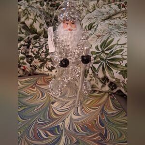8" Clear Large Glass & Silver Trim Santa New w Tag